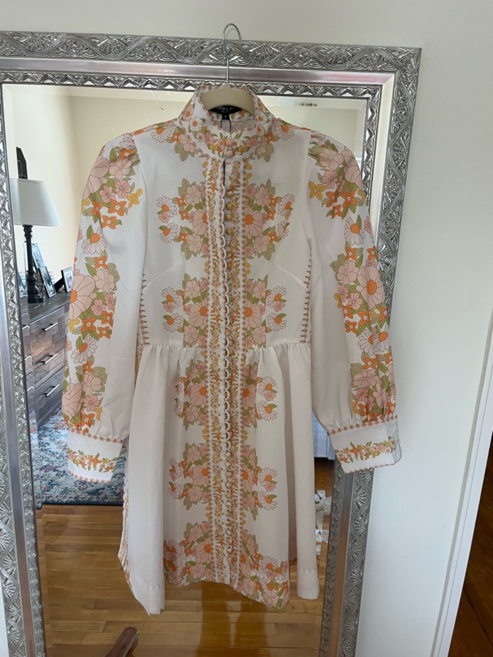 Beulah Floral Mini Dress in White with Orange & Olive with belt